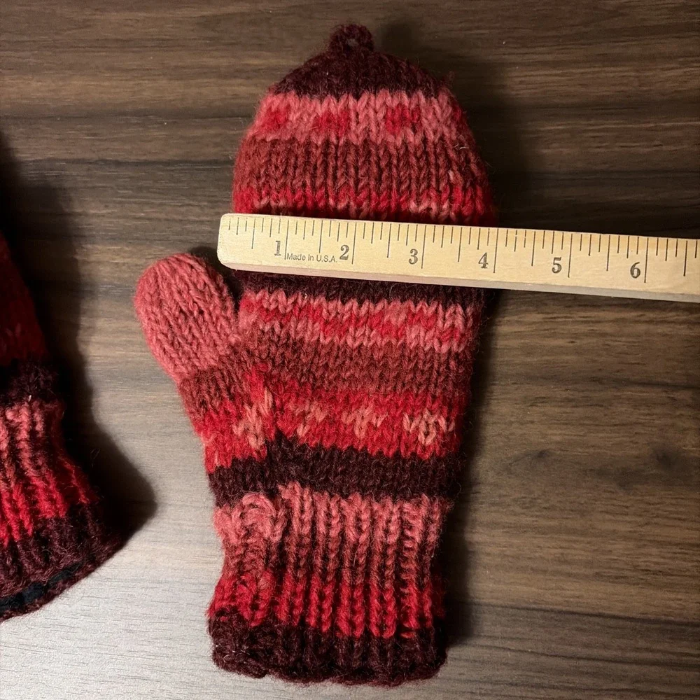 Made In Nepal Wool Fleece Lined Fingerless Gloves Convertible Mittens Red Pink